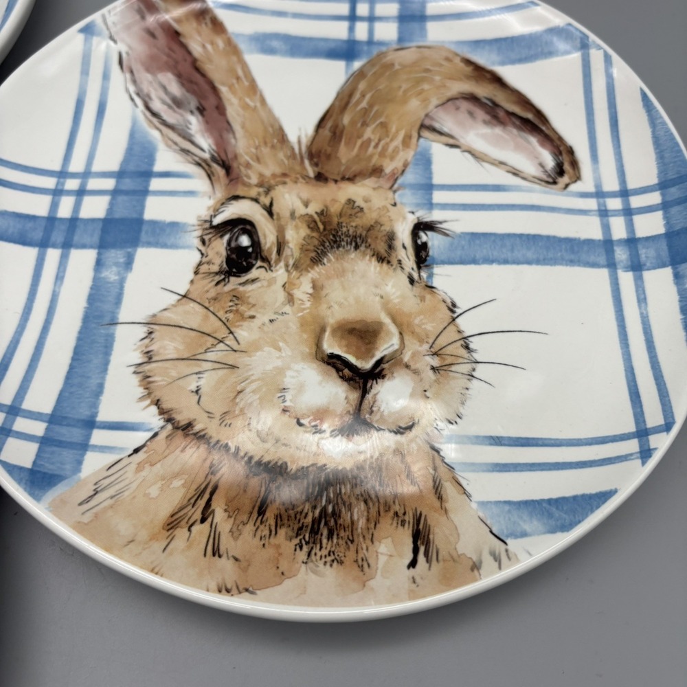 HENRY BUNNY Set of 3 Salad Plates 8.75" Pier 1 Imports Blue Plaid Easter Spring - Picture 5 of 8